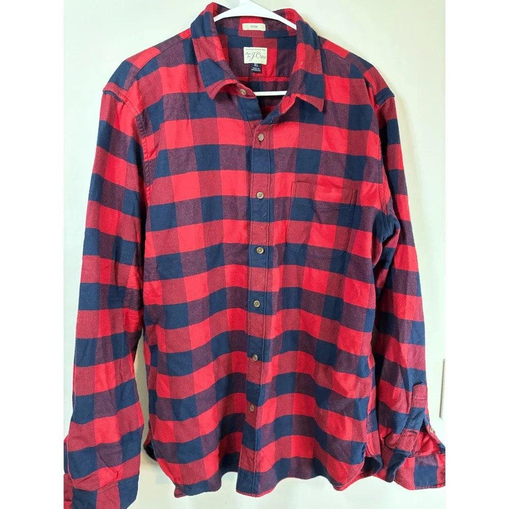 J.Crew Mens XL Slim Fit Buffalo Check Flannel Shirt Red Navy Blue K4008